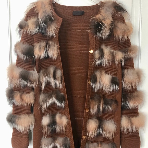 Jo No Fui Brown Wool Sweater Coat with Fox Fur - Picture 2 of 9